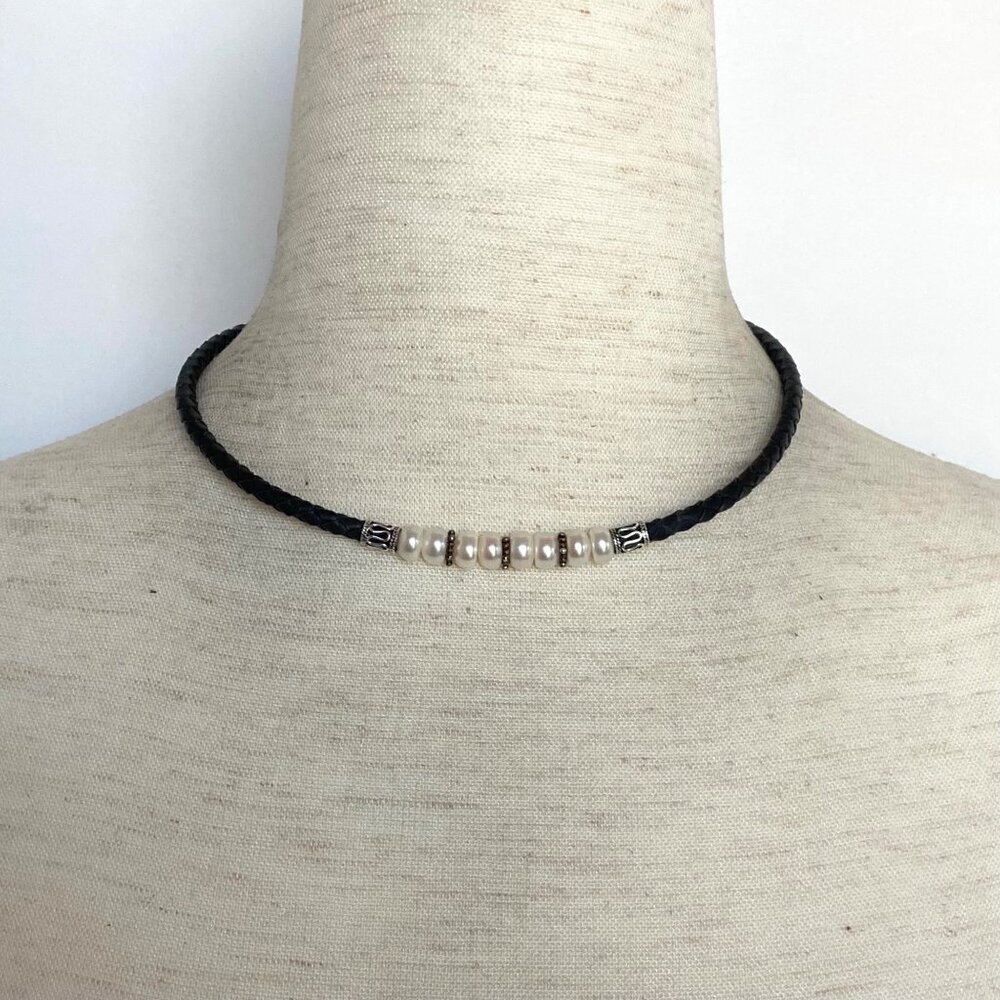 Sterling Silver 925 Beaded Cultured Pearl Braided Leather Choker Necklace 16"
